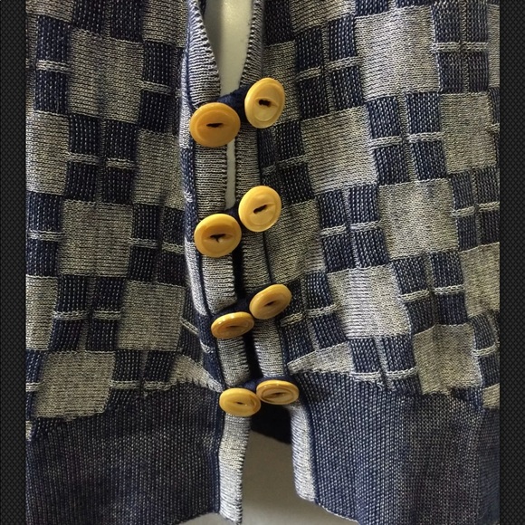 HWR Monogram Cardigan Sweater Blue Anthropologie Boyfriend Checkerboard Silk - Picture 4 of 9